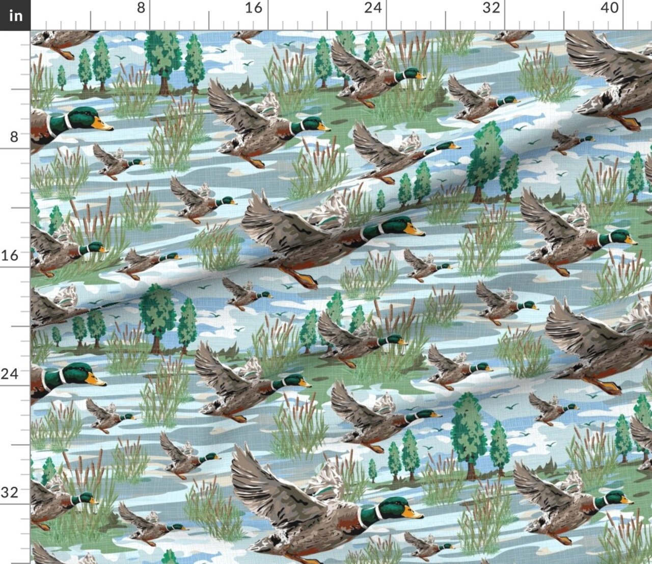 Mallard Ducks Flying Mallards Waterfowl Flying Birds Wildlife Bird Watching Birding Duck Season Rustic Cabin Custom Printed Fabric by Spoonflower Various Fabrics by the Yard or Fat Quarter 15664687